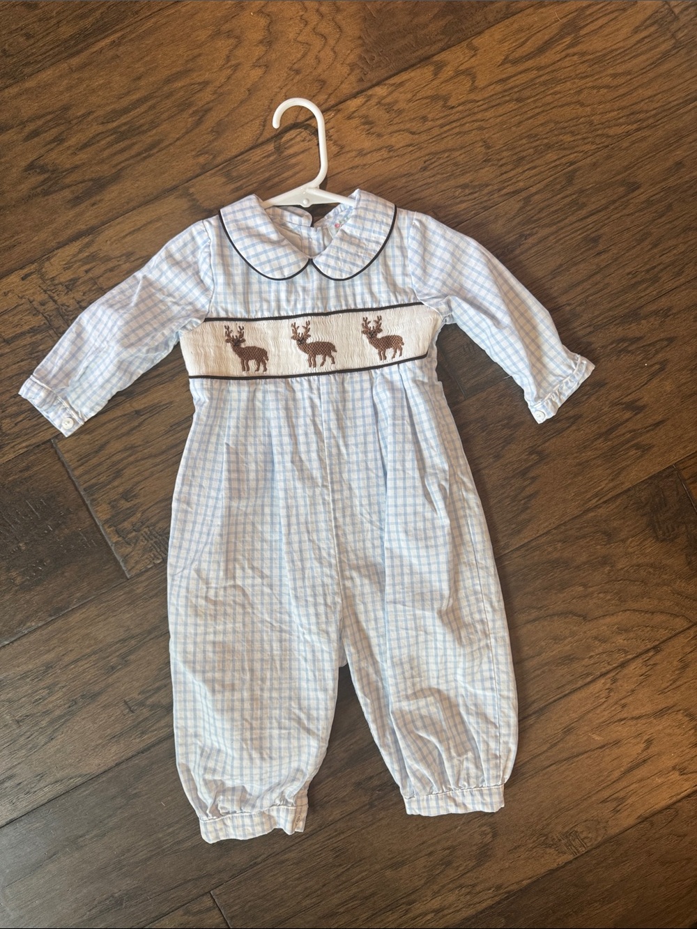 Cecil Lou Blue and White Plaid Smocked Deer One-Piece
